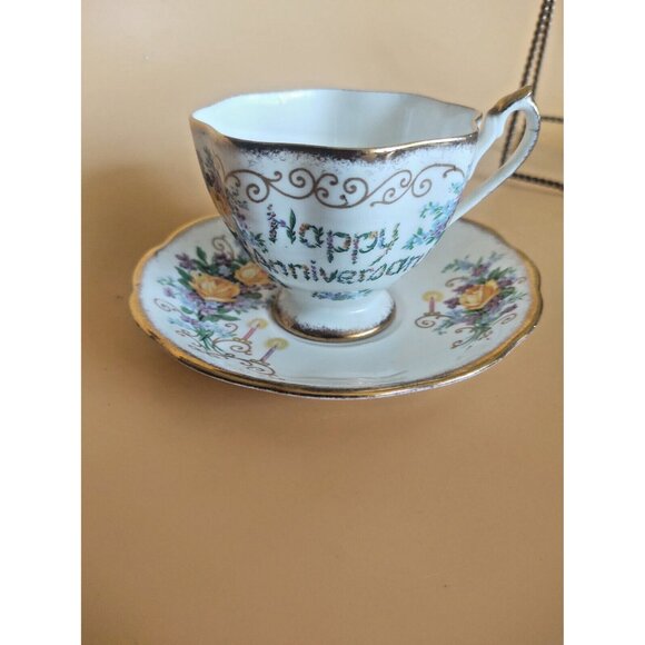 Vintage Queen Anne England Tea cup and saucer set Happy Anniversary - Picture 11 of 16